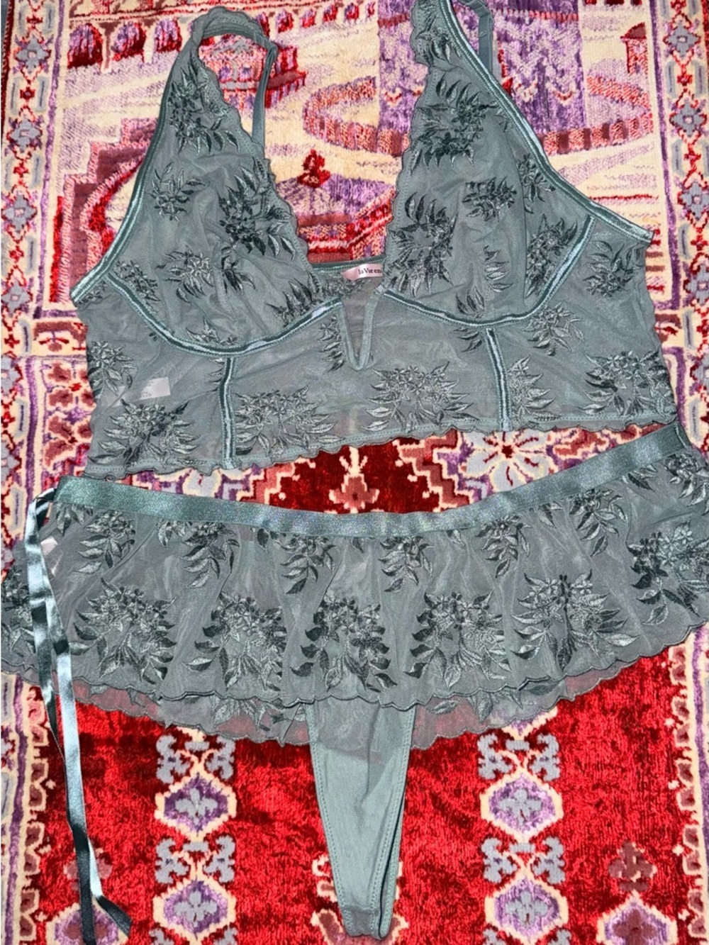 La Vie En Rose Sage Green Embroidered Bralette & Skirted Thong Set